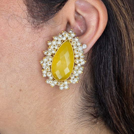 Yellow Teardrop Stone & Pearl Cluster Stud Earrings