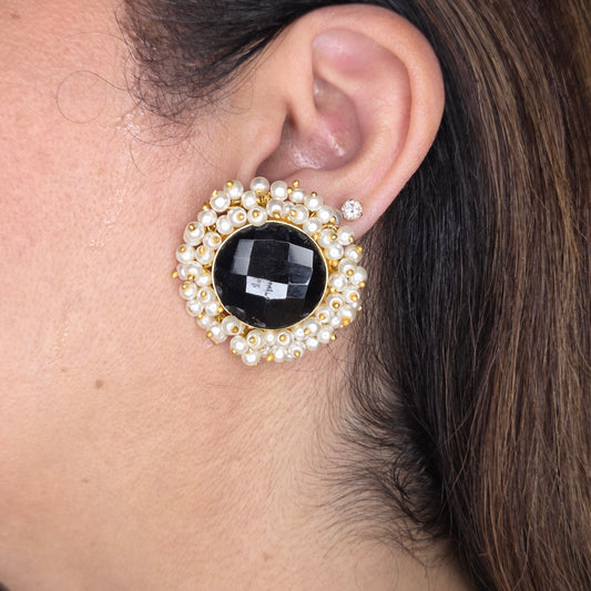 Black Crystal Stud Earrings with Pearls
