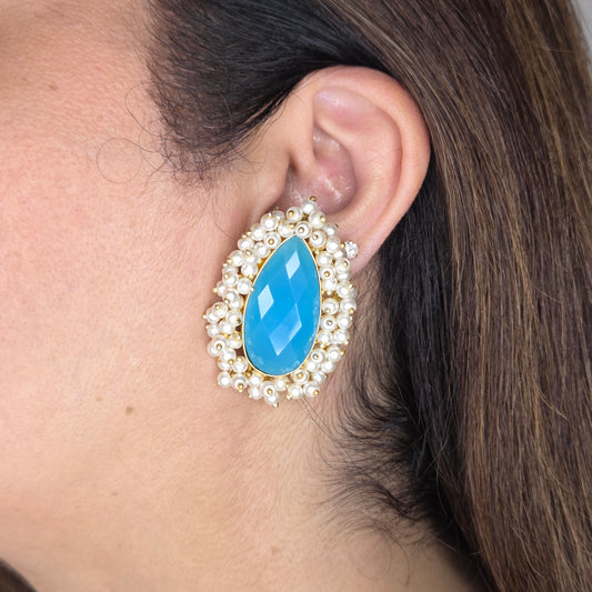 Blue Pear Stone & Pearl Cluster Stud Earrings
