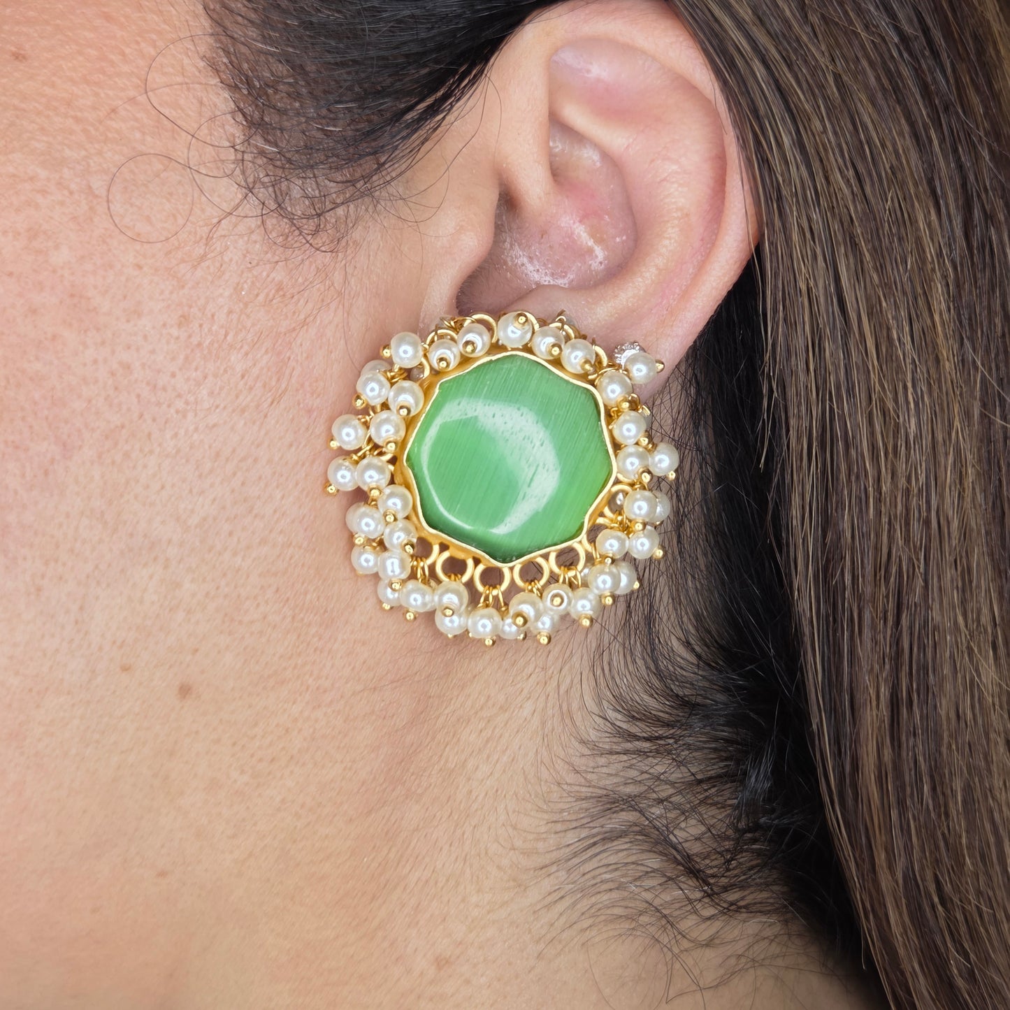 Green Octagon Stone & Pearl Cluster Stud Earrings