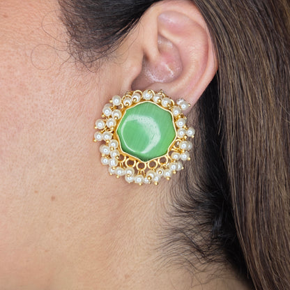 Green Octagon Stone & Pearl Cluster Stud Earrings