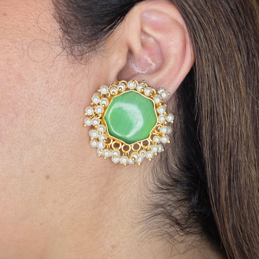 Green Octagon Stone & Pearl Cluster Stud Earrings