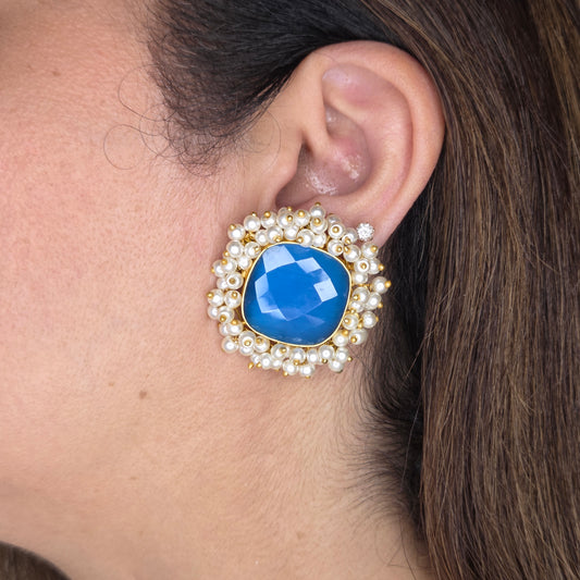 Blue Crystal Stud Earrings with Pearls