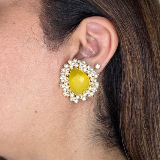 Lemon Yellow Faceted Stone Stud Earrings with Pearls