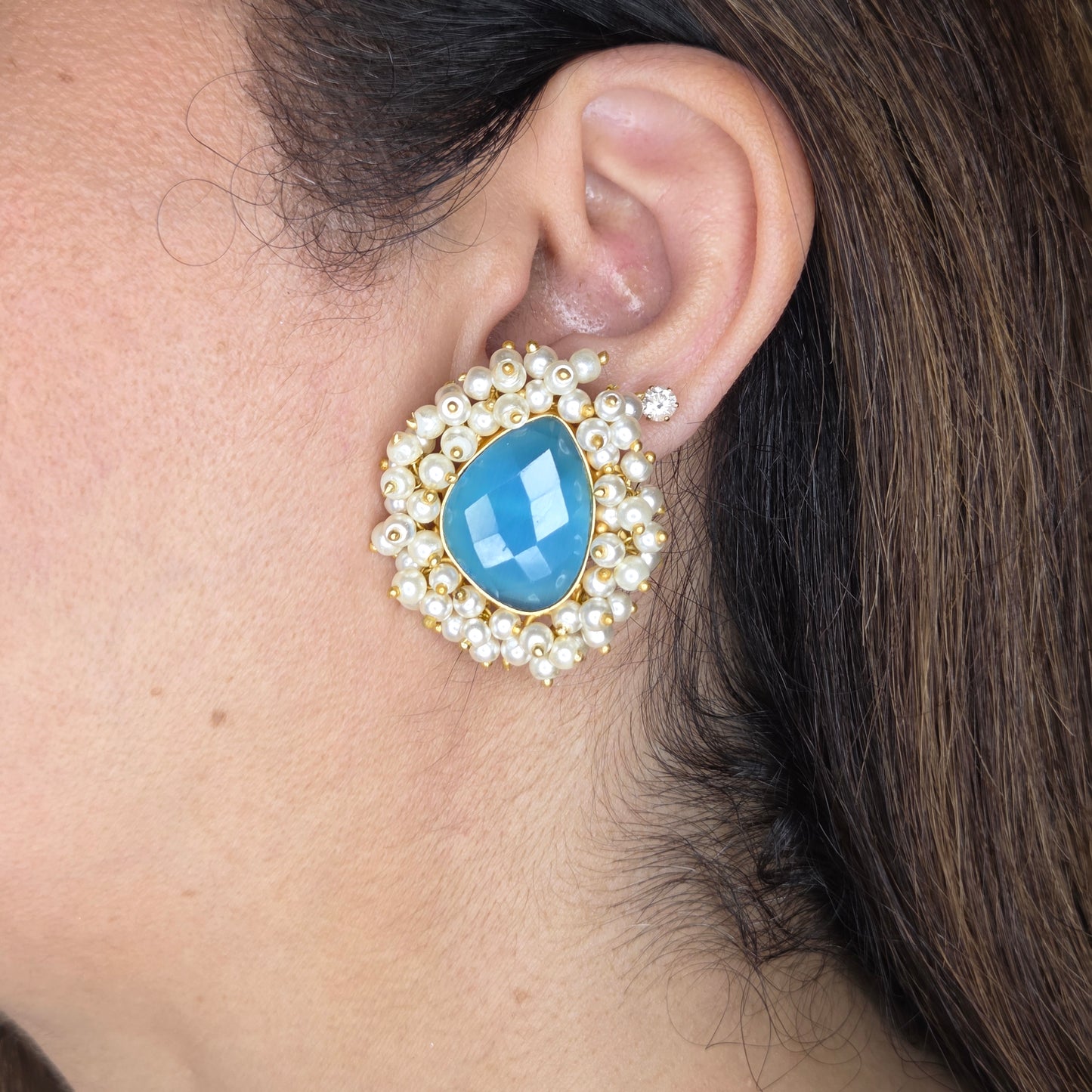 Electric Blue Faceted Stone Stud Earrings with Pearls