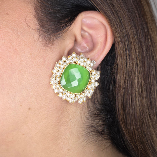Green Crystal Stud Earrings with Pearls
