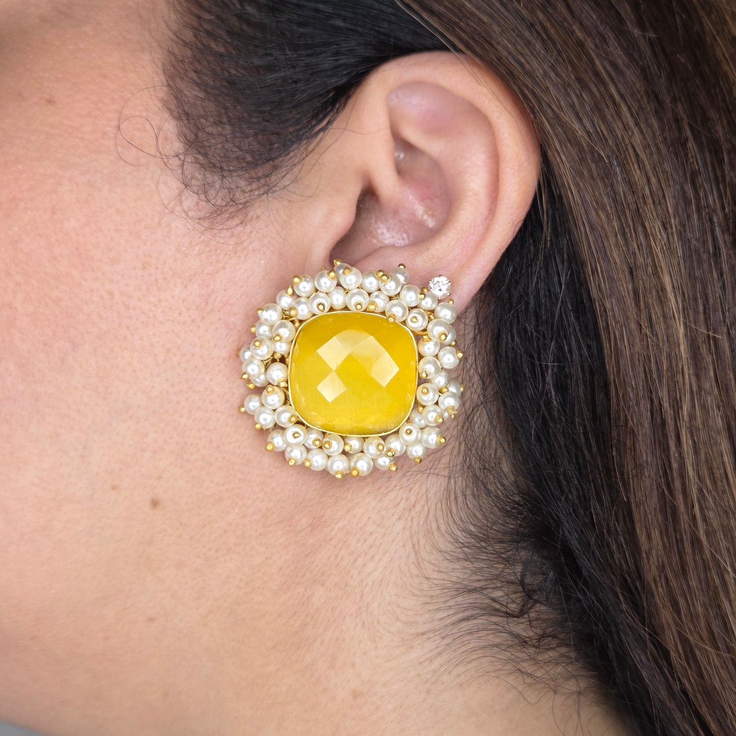 Yellow Crystal Stud Earrings with Pearls
