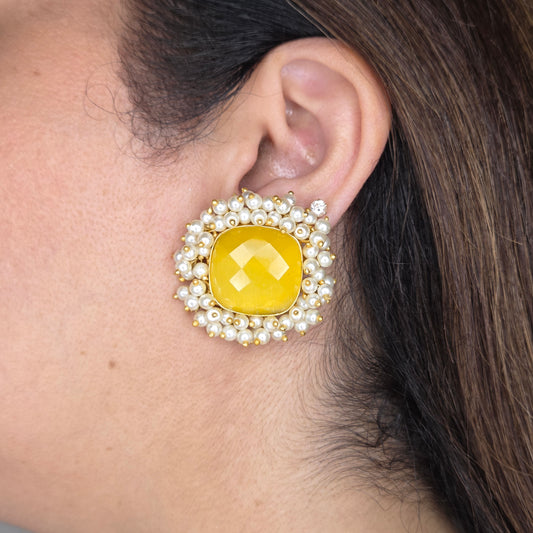 Yellow Crystal Stud Earrings with Pearls