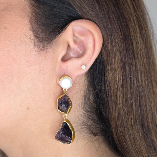 Pearl & Raw Amethyst Gold Drop Earrings