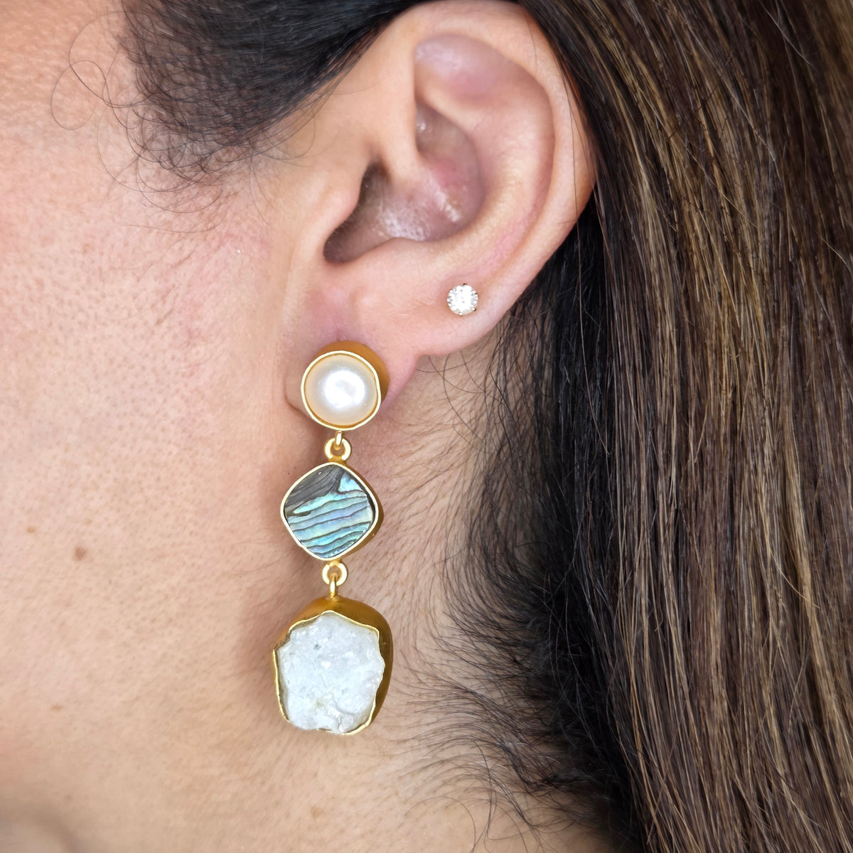 Pearl & Abalone Shell Gold Finish Drop Earrings