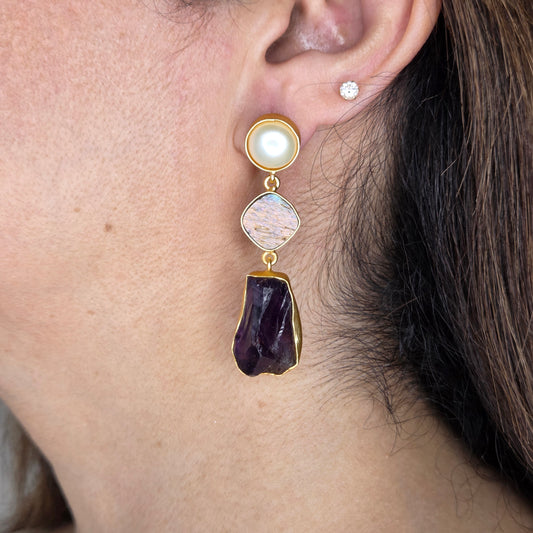 Pearl & Dual Stone Gold Drop Earrings