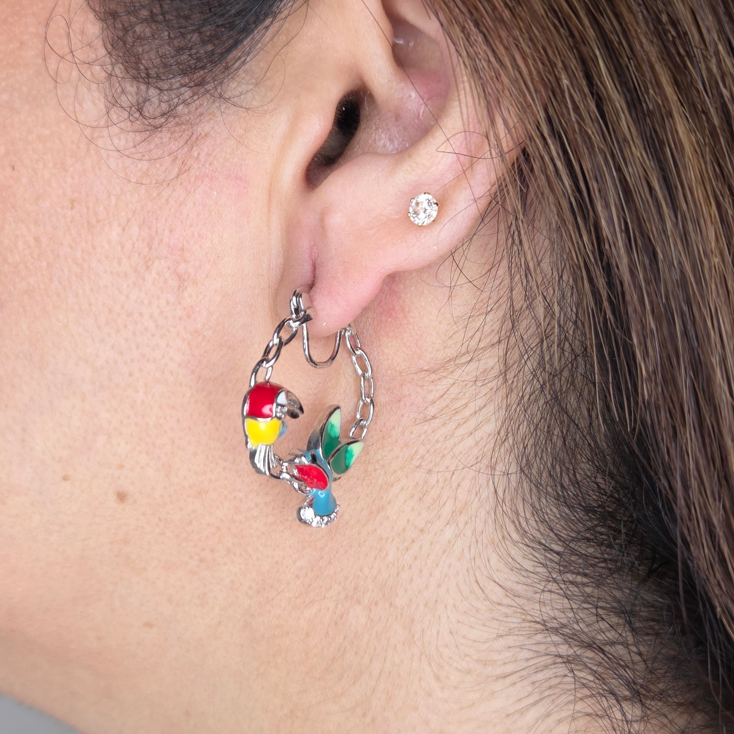 Silver Finish Enamelled Bird Charm Earrings