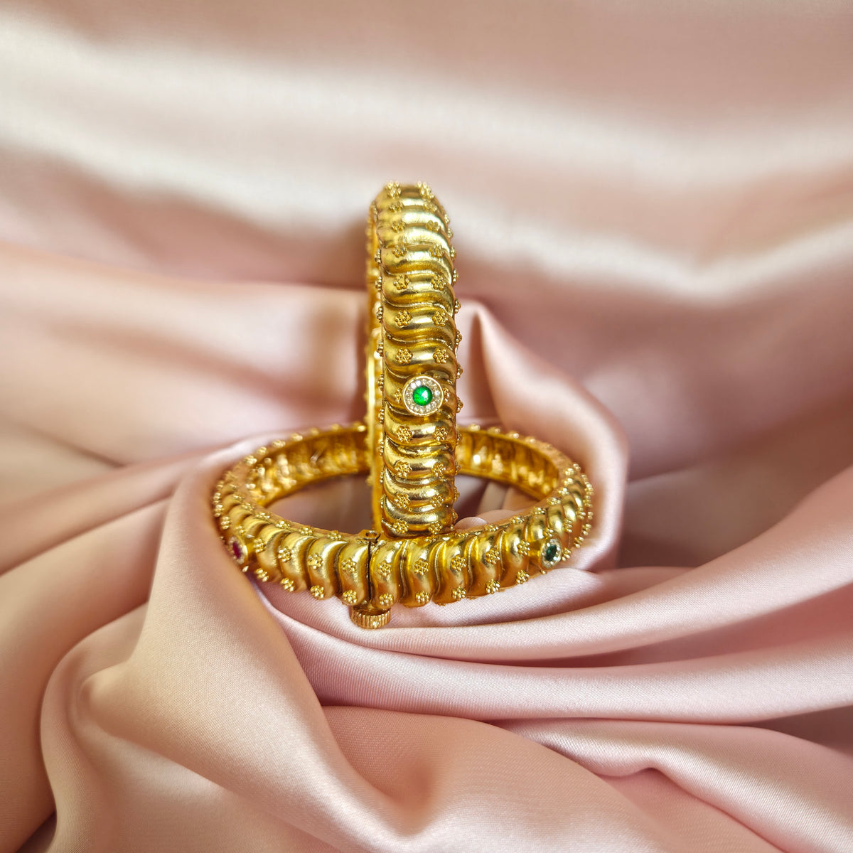 Emerald Ruby Ribbed Bangle Set of Two