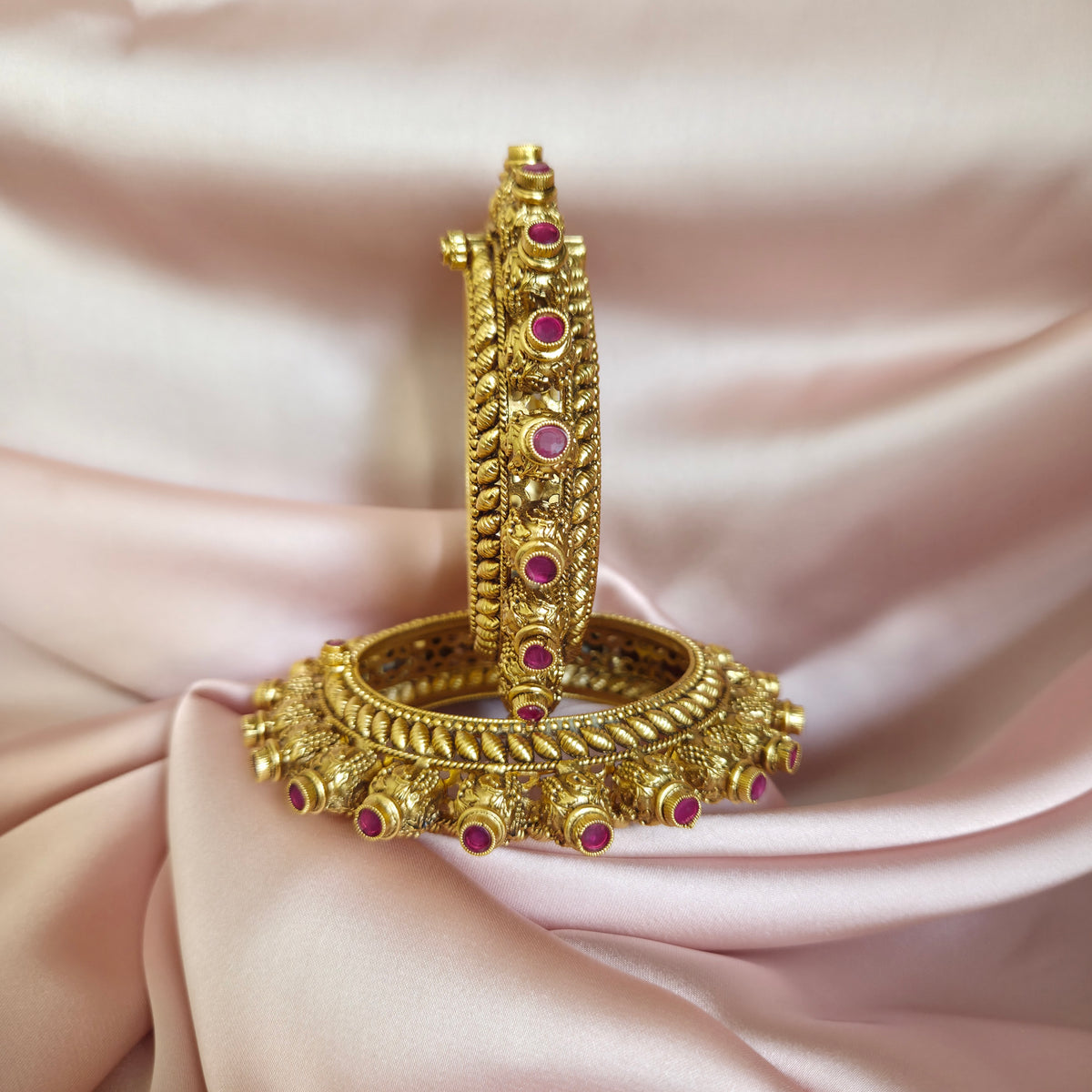 Gold Finish Temple Bangle Set with Ruby and Carved Details