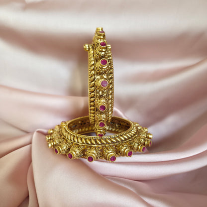Gold Finish Temple Bangle Set with Ruby and Carved Details