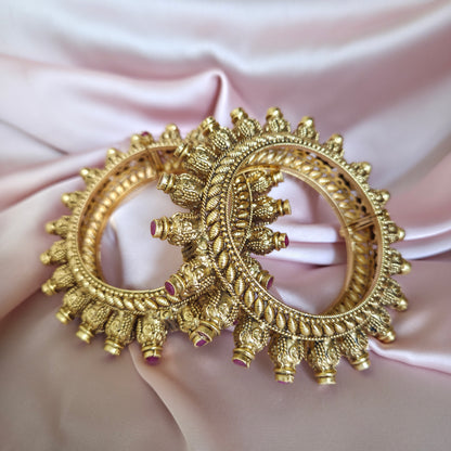 Gold Finish Temple Bangle Set with Ruby and Carved Details