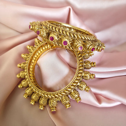 Gold Finish Temple Bangle Set with Ruby and Carved Details