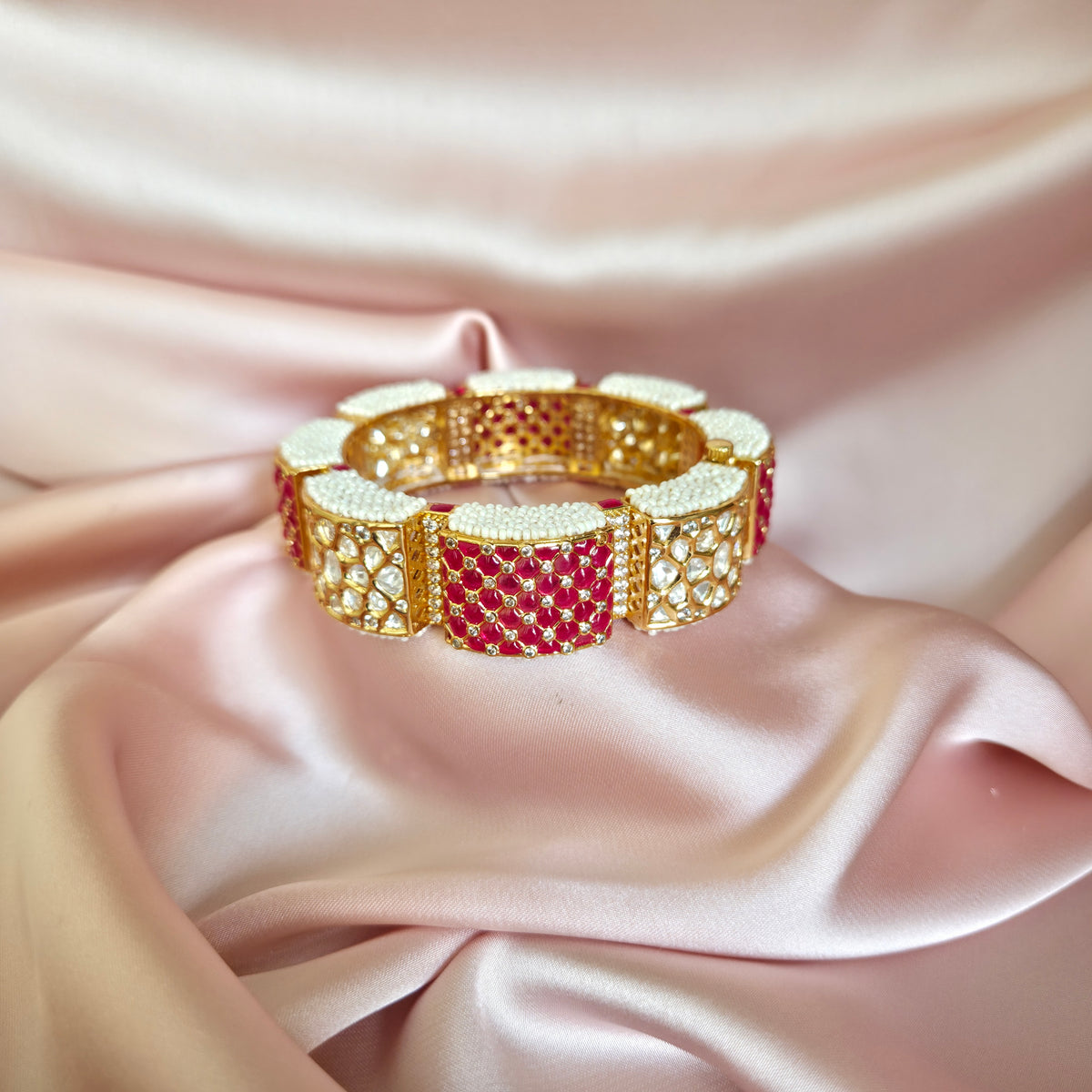 Ruby & White Polki Gold Finish Bangle