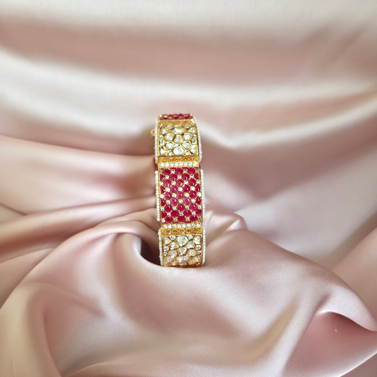 Ruby & White Polki Gold Finish Bangle