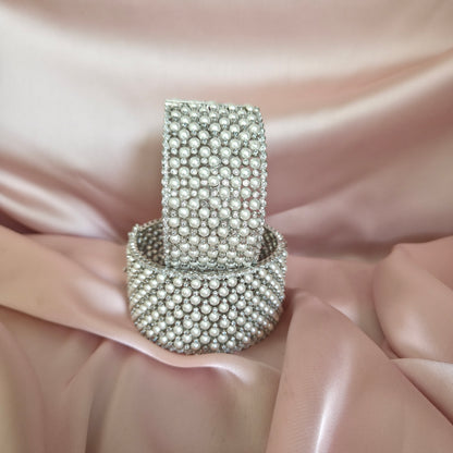 White Pearl Studded Silver Broad Bangle
