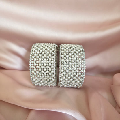 White Pearl Studded Silver Broad Bangle