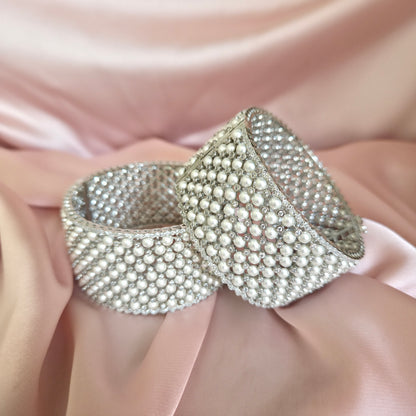 White Pearl Studded Silver Broad Bangle