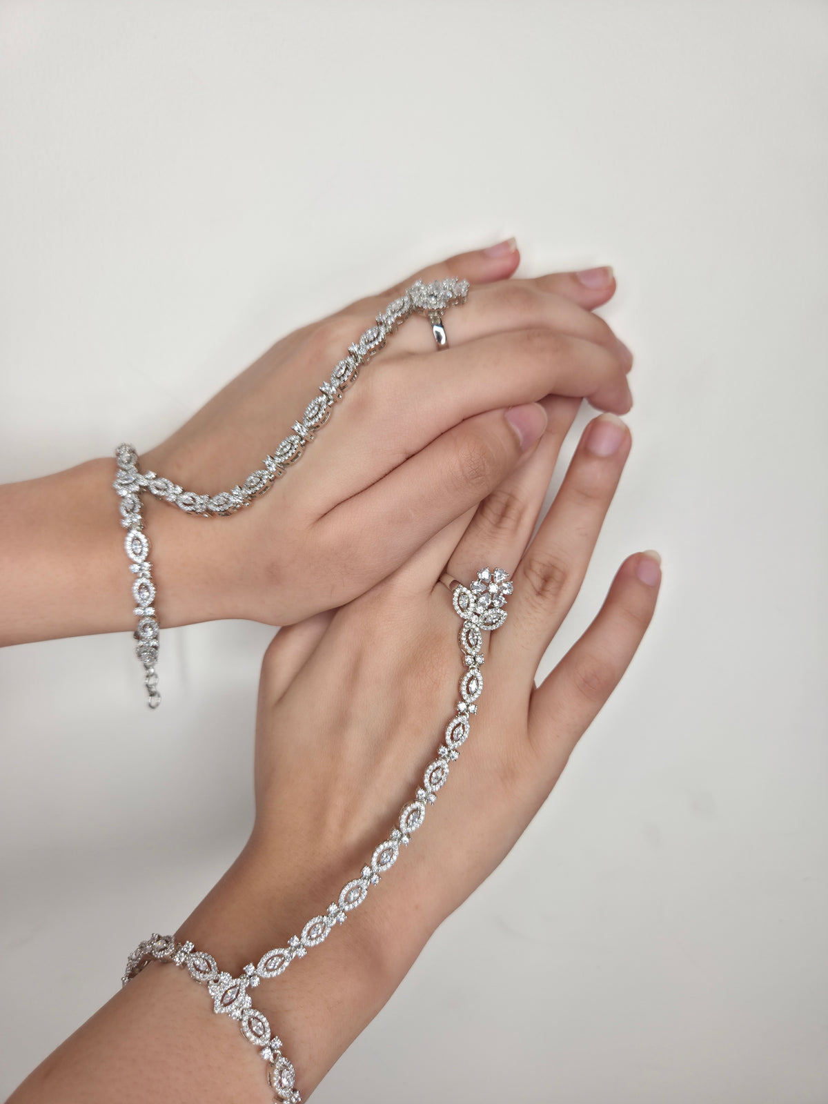 Silver American Diamond (CZ) Haathphool Set