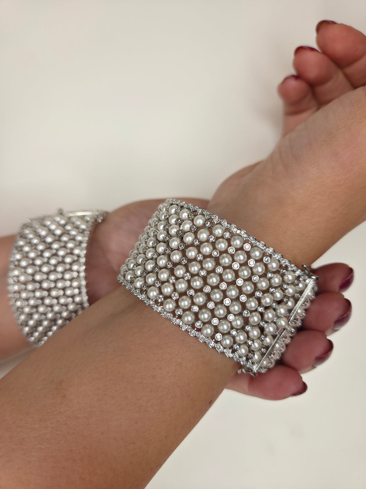 White Pearl Studded Silver Broad Bangle