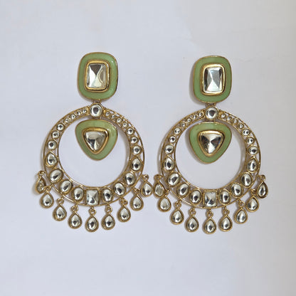 Sage Green Enamel & Kundan Hoop-Style Chandbali Statement Earrings