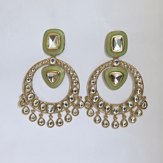 Sage Green Enamel & Kundan Hoop-Style Chandbali Statement Earrings