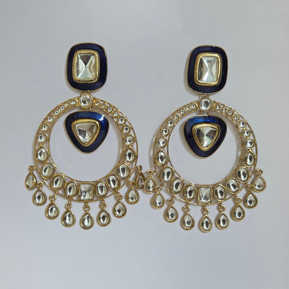 Navy Blue Enamel & Kundan Hoop-Style Chandbali Statement Earrings