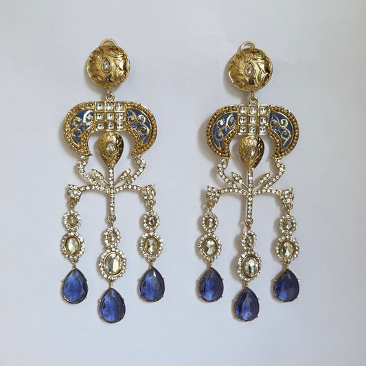 Antique Gold & Kundan Chandelier Earrings with Bluish-Violet Gemstone Drops