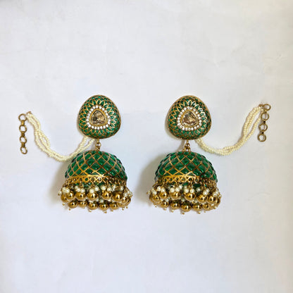 Antique Gold & Green Jaali Work Kundan Jhumka Earrings with Pearl Ear Chains