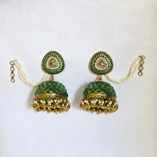 Antique Gold & Green Jaali Work Kundan Jhumka Earrings with Pearl Ear Chains
