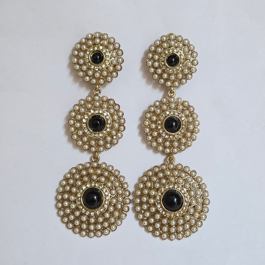 Gold & Black Gemstone Three-Tiered Pearl Statement Drop Earrings