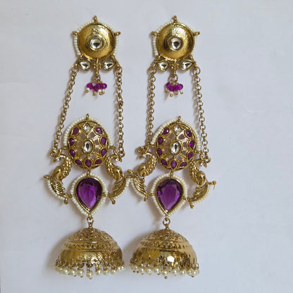 Antique Gold Kundan & Purple Gemstone Jhumka Earrings with Decorative Side Chains