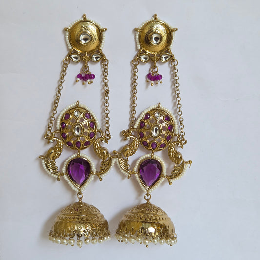 Antique Gold Kundan & Purple Gemstone Jhumka Earrings with Decorative Side Chains