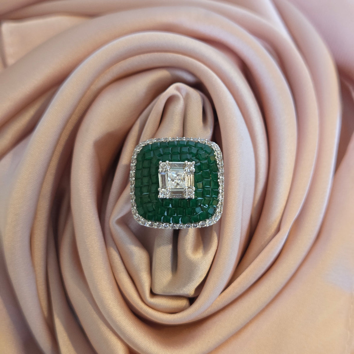 Green Mosaic Diamond-Shaped Cocktail Ring