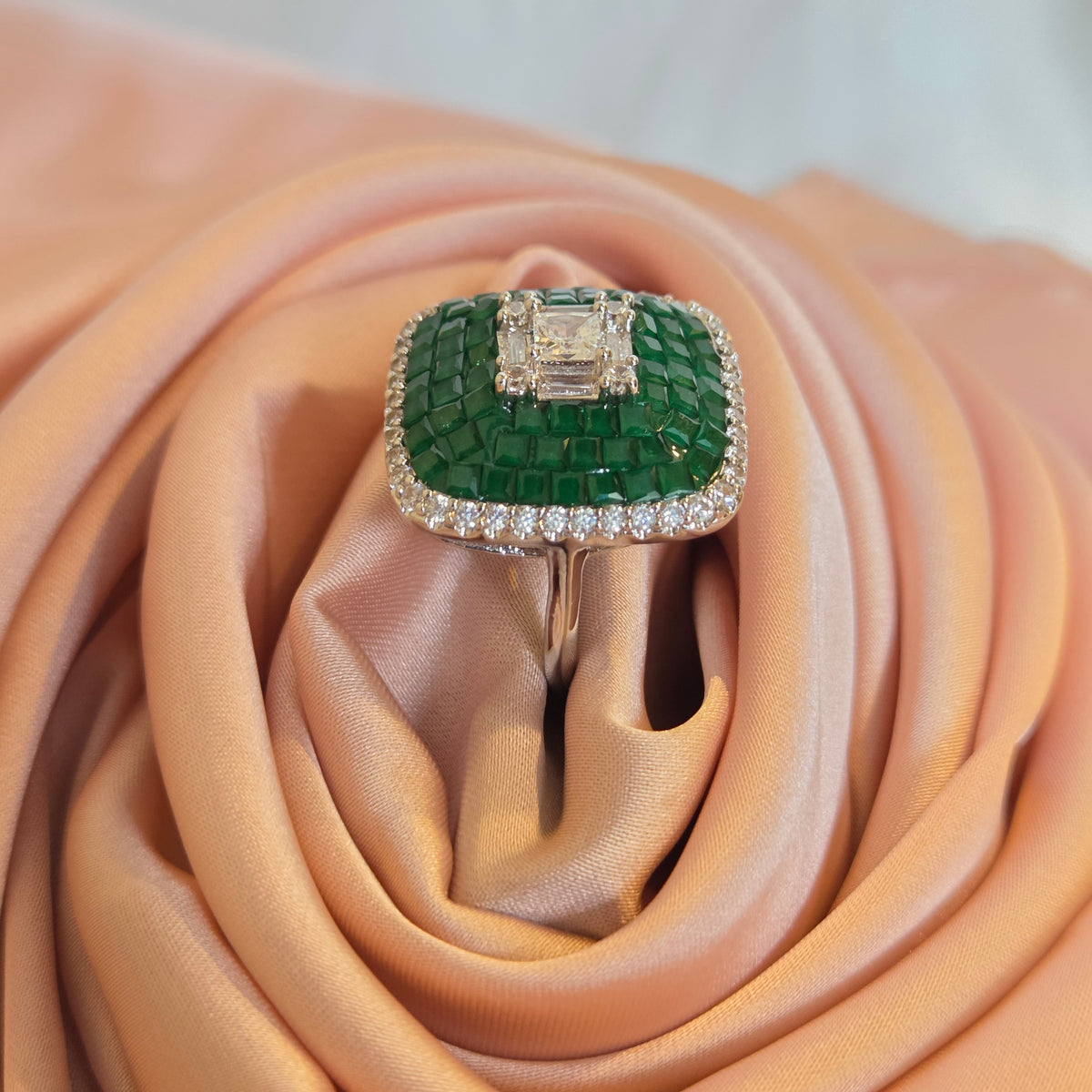 Green Mosaic Diamond-Shaped Cocktail Ring