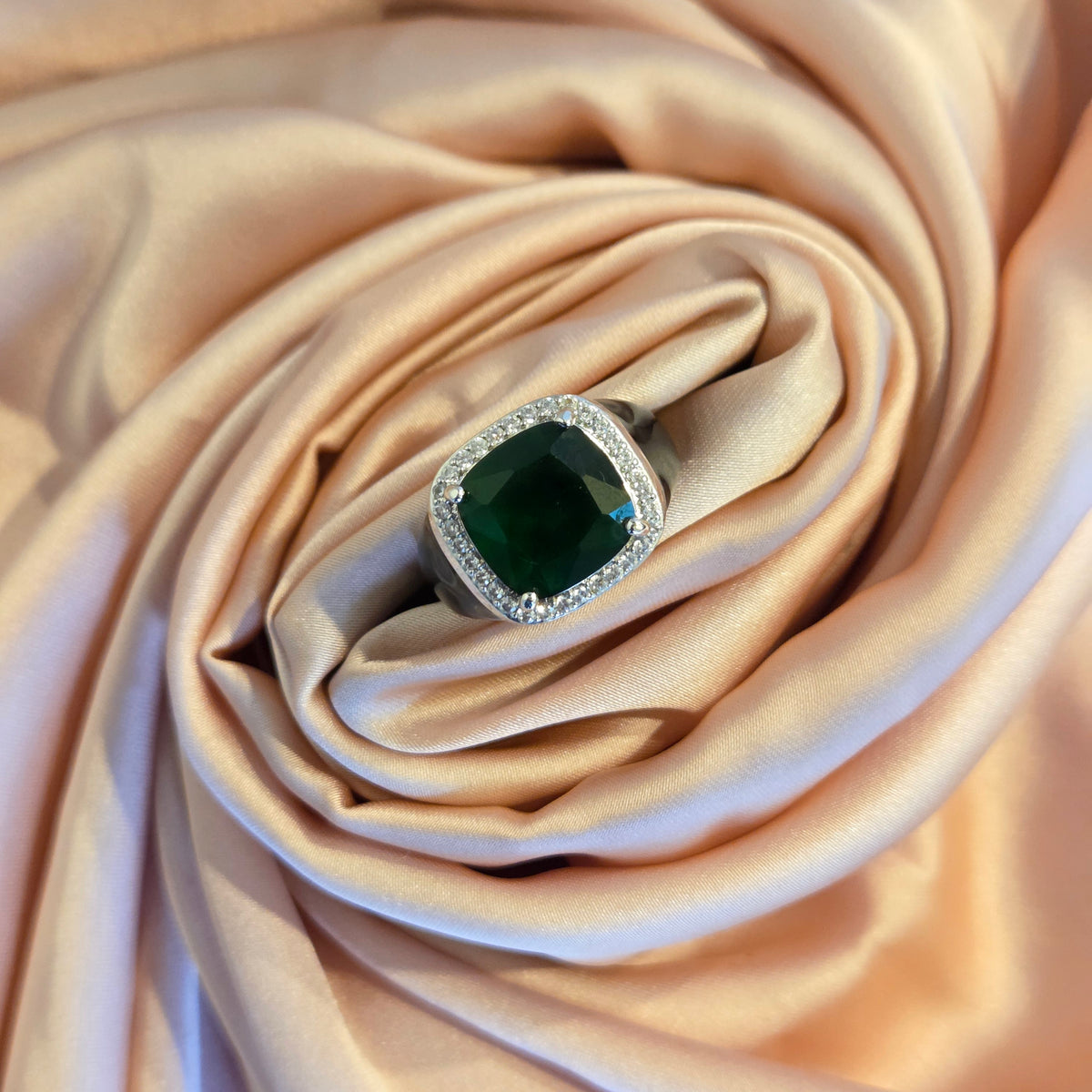 Cushion-Cut Emerald Halo Signet Ring