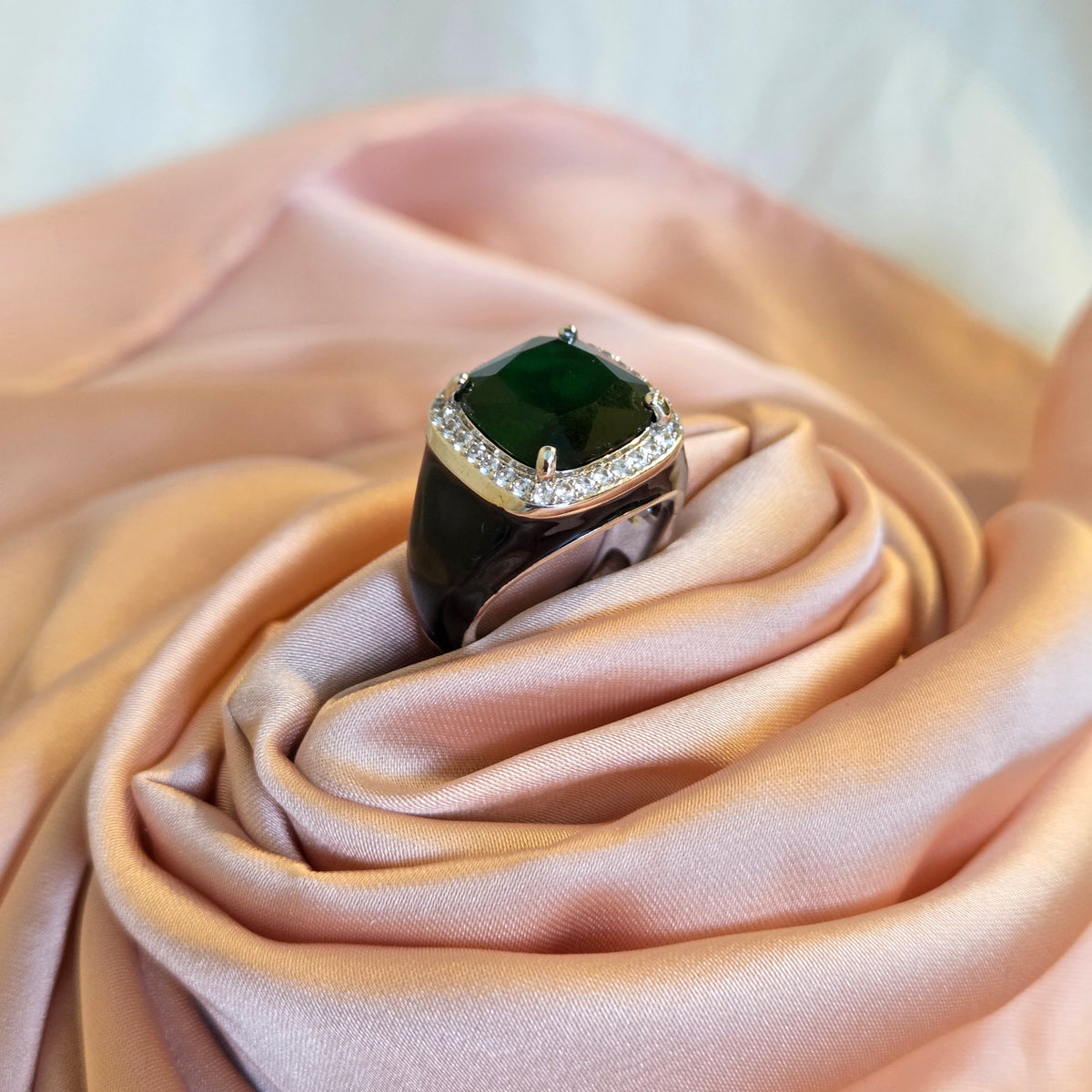 Cushion-Cut Emerald Halo Signet Ring