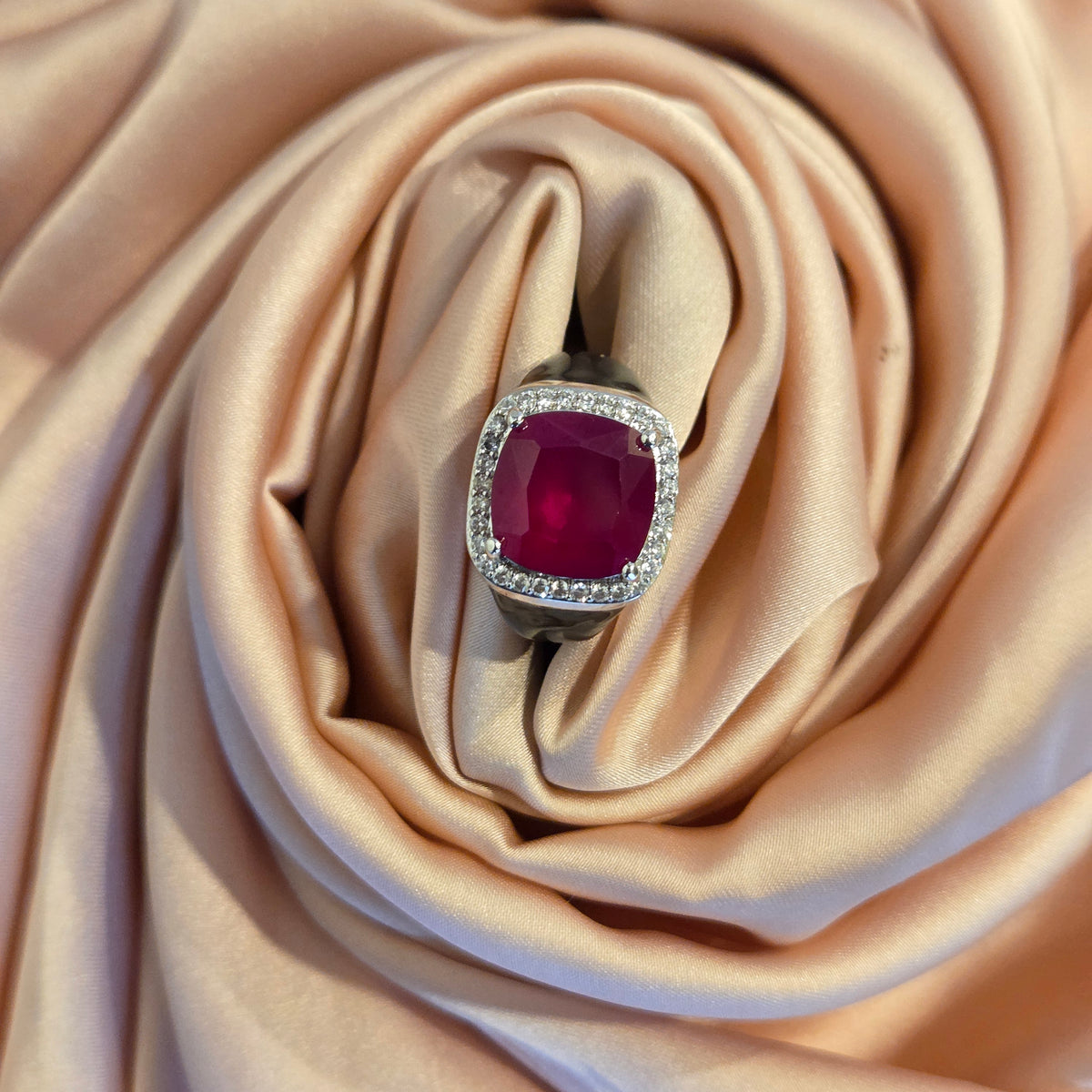 Cushion-Cut Ruby Halo Signet Ring