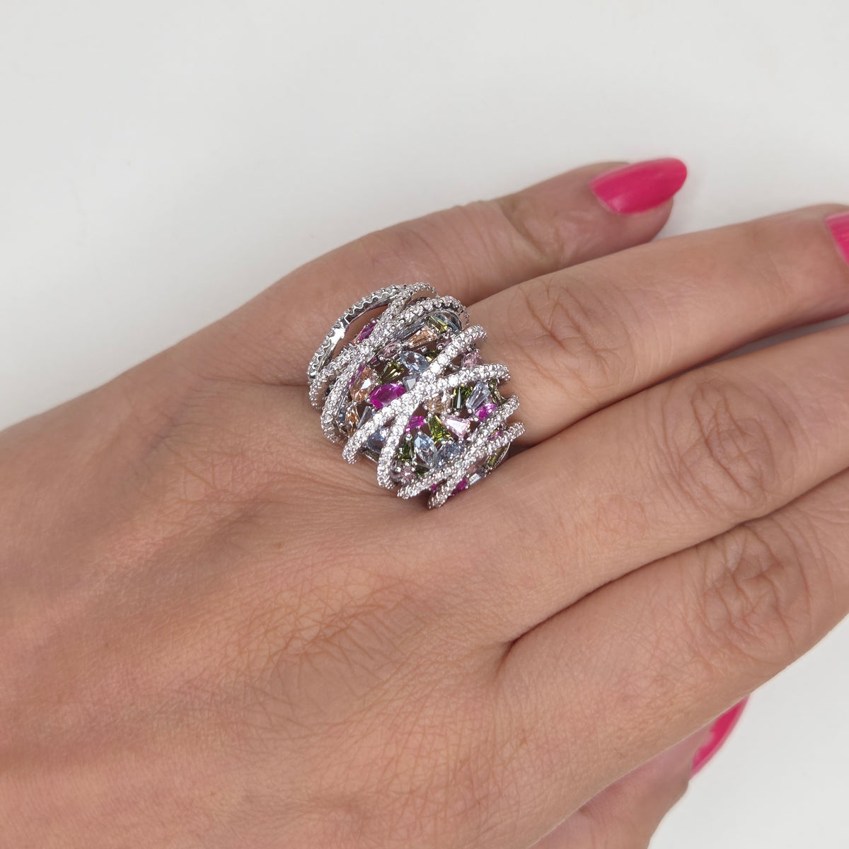 Multicolor Gemstone Criss-Cross Statement Ring