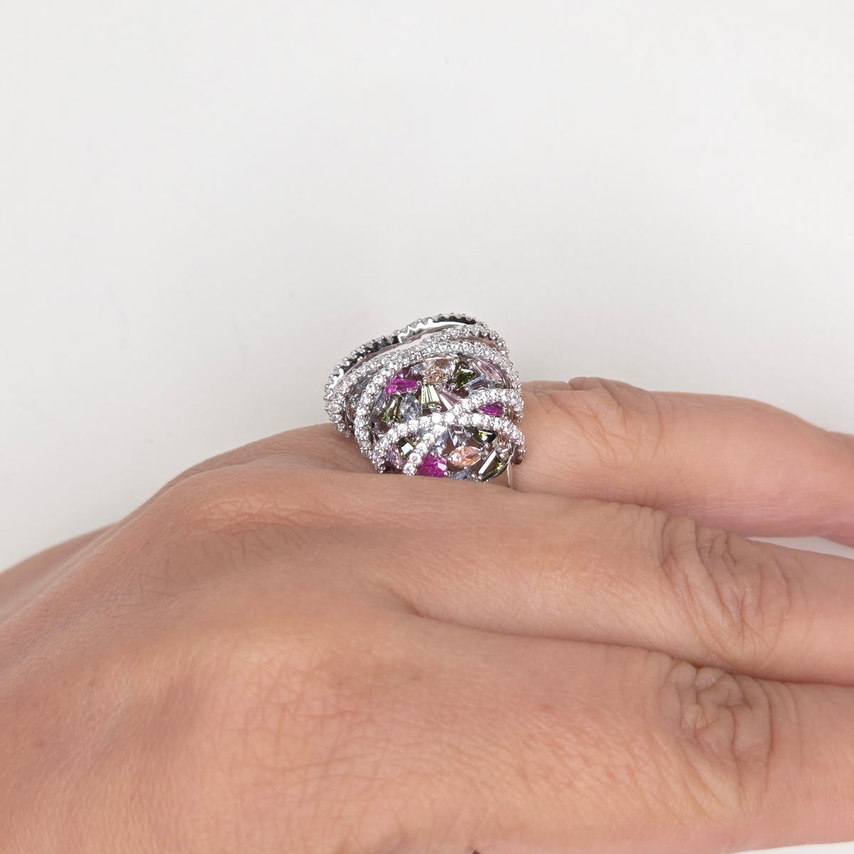 Multicolor Gemstone Criss-Cross Statement Ring