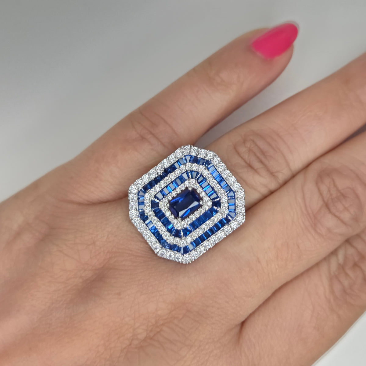 Sapphire Blue Multi-Halo Statement Ring