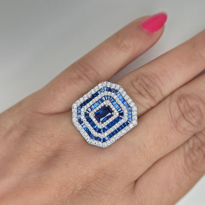 Sapphire Blue Multi-Halo Statement Ring