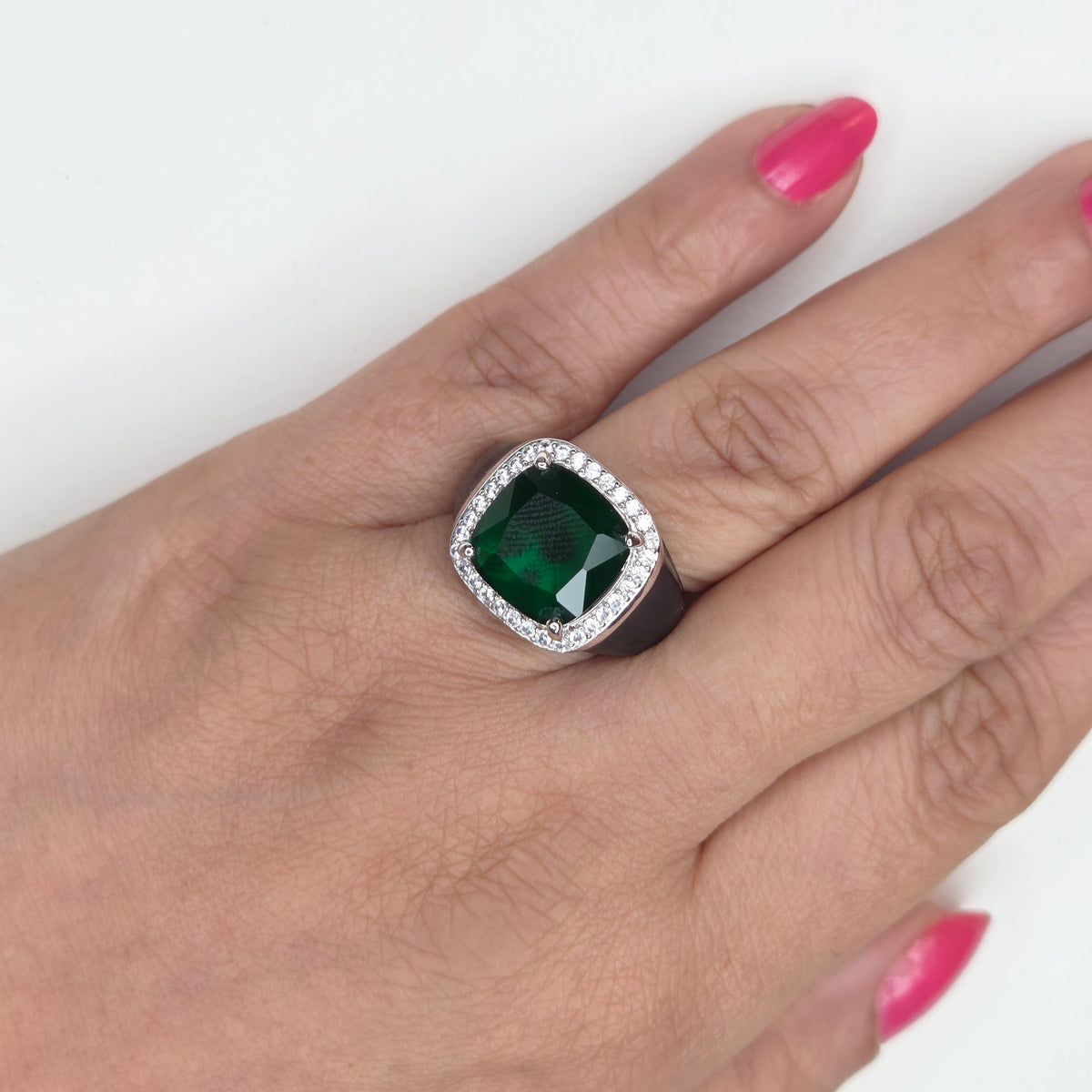 Cushion-Cut Emerald Halo Signet Ring