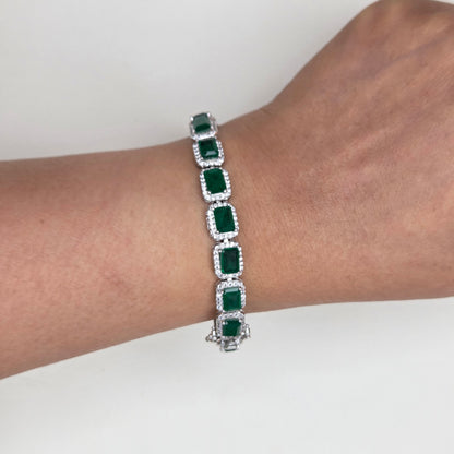 Emerald-Cut Green Crystal Halo Tennis Bracelet