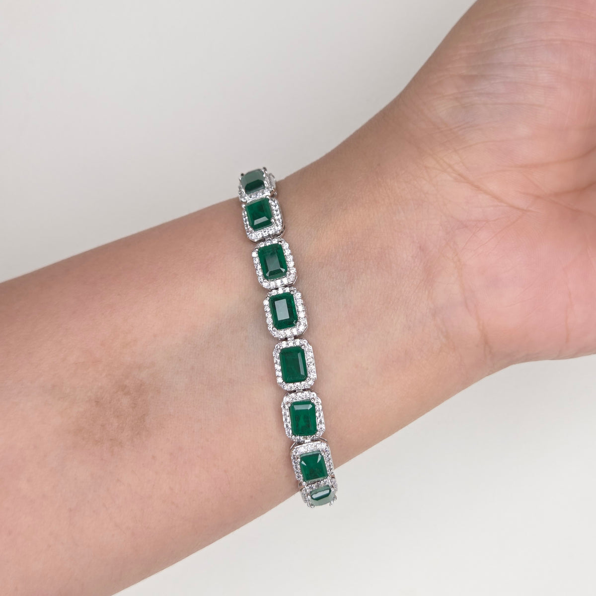 Emerald-Cut Green Crystal Halo Tennis Bracelet