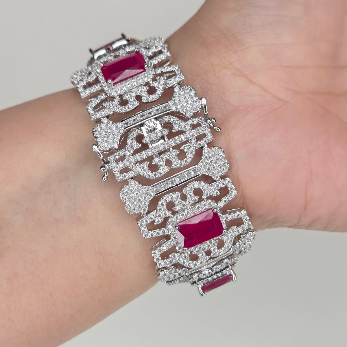 Vintage-Style Emerald-Cut Ruby Red Crystal Statement Bracelet